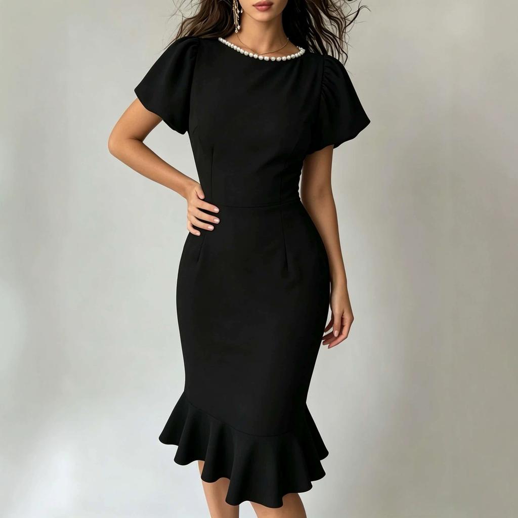 Hot-selling solid color bubble sleeve fishtail skirt in Europe and America, thin and elegant dress