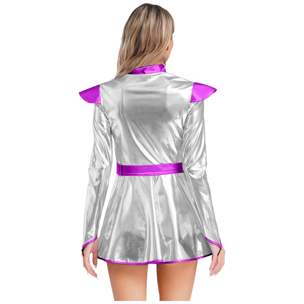 Womens Alien Costume Long Sleeves Front Zip A Line Dress Belt Design Shiny Metallic Outer Space Robot Costume