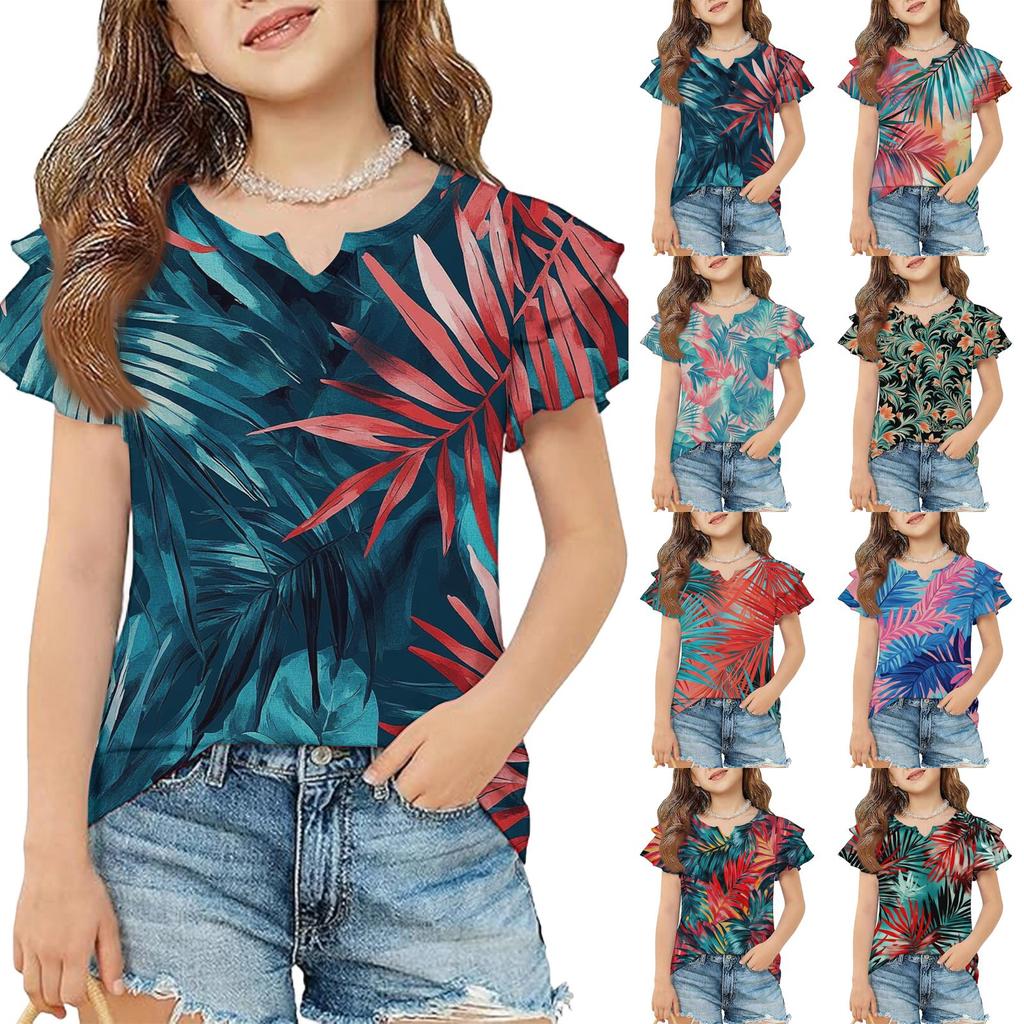 Mädchen V-Ausschnitt Rüschenärmel Hawaiian Print Kurzarm T-Shirt Lässige Bluse Leichtes Sommeroberteil für Kinder