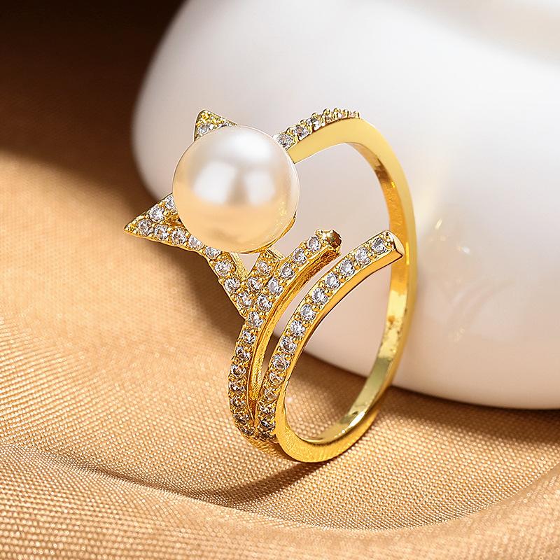 2026 Open Pearl Ring Women's Micro Inlaid with Diamonds Niche High-end Star Ring Jewelry Accessories Empty Holder