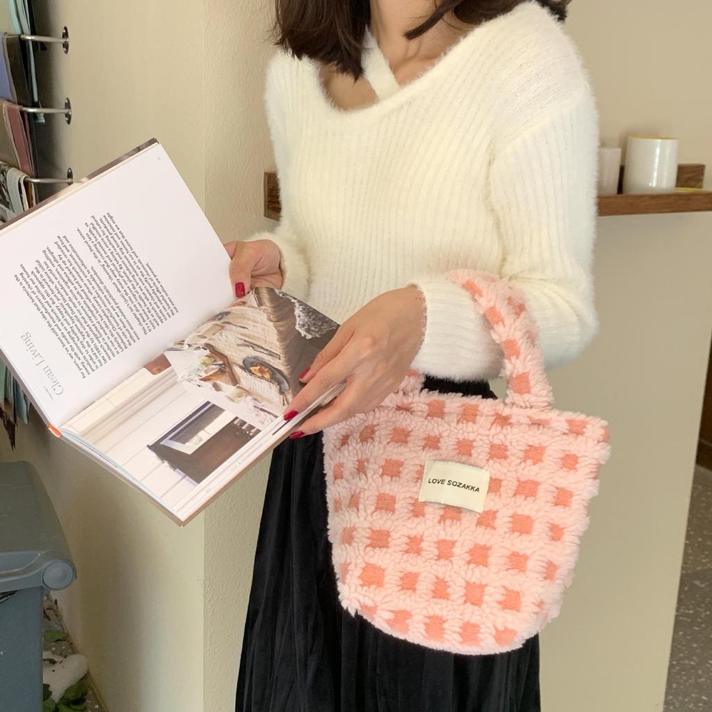 Jesienno-zimowa gofra z włosia jagnięcego Śliczna podręczna torba z grubej bawełny Damska przenośna torebka o dużej pojemności