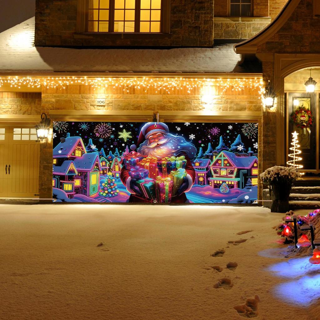 Garage Door Cover Christmas 13x6ft UV Fluorescent Seasonal Decor Festive Garage Door Backdrop For DIY Enthusiasts Home
