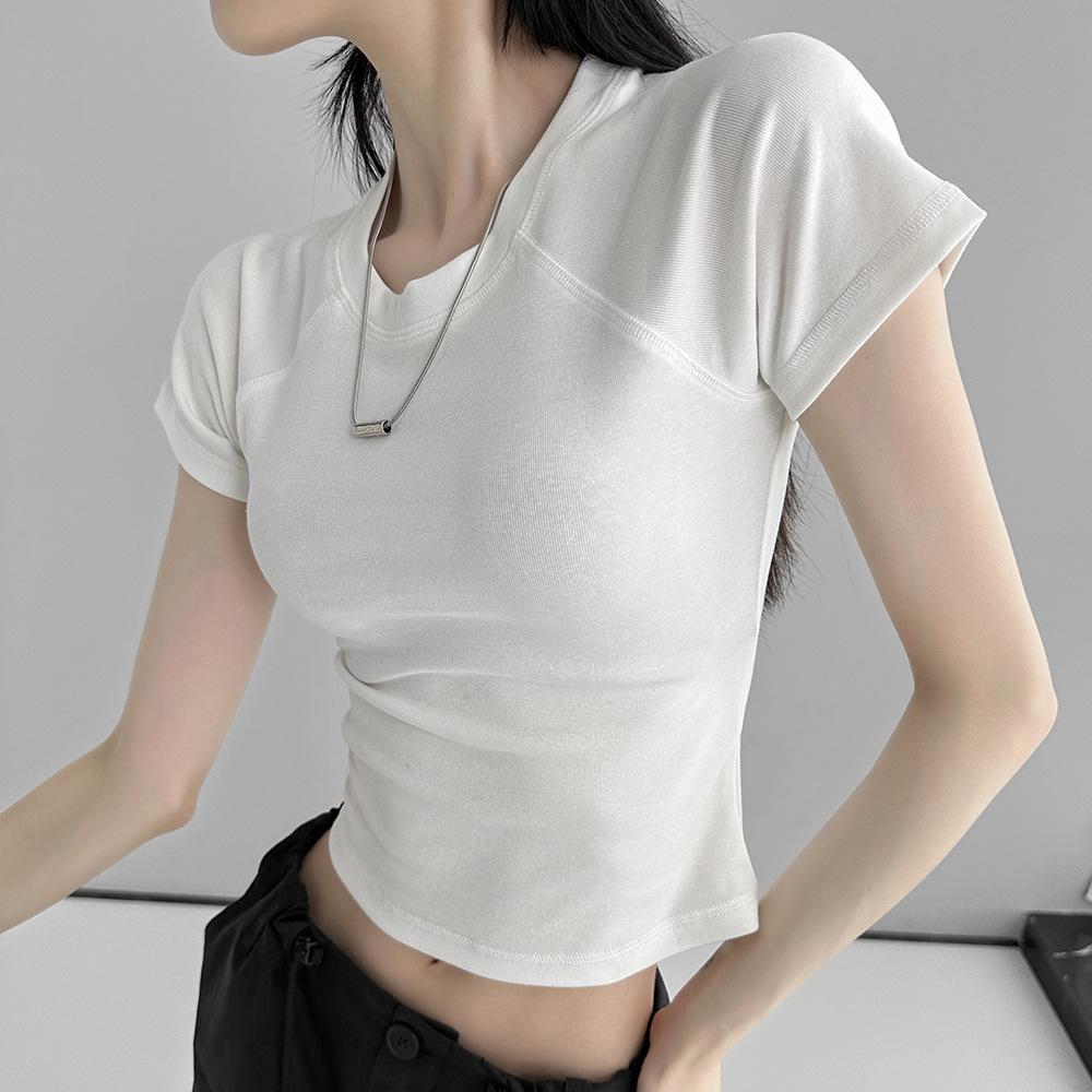 Dynamic Girl's New Summer Style Round Neck Rasp-sleeved Stretch Short-sleeved Solid Color Top