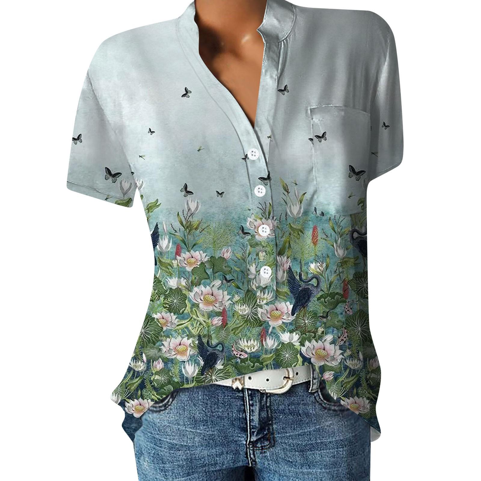 Women s Printed Short-sleeved Button-down Casual Shirt S зелёный