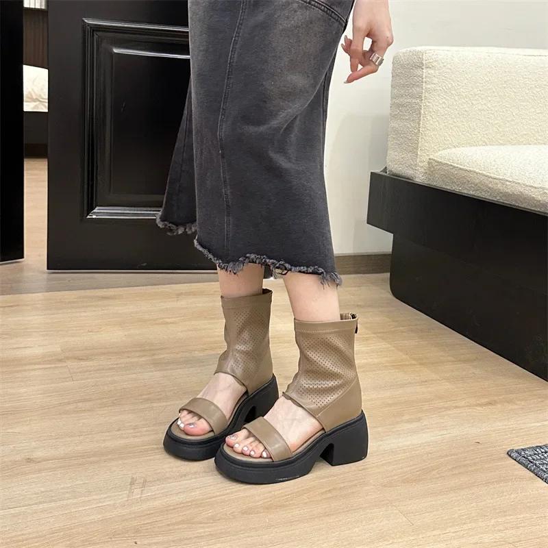 Retro Platform Peep Toe Sandals for Women Thick Heel Roman Shoes Hollow High-Top Rear Zipper Square Heel Cool Boots