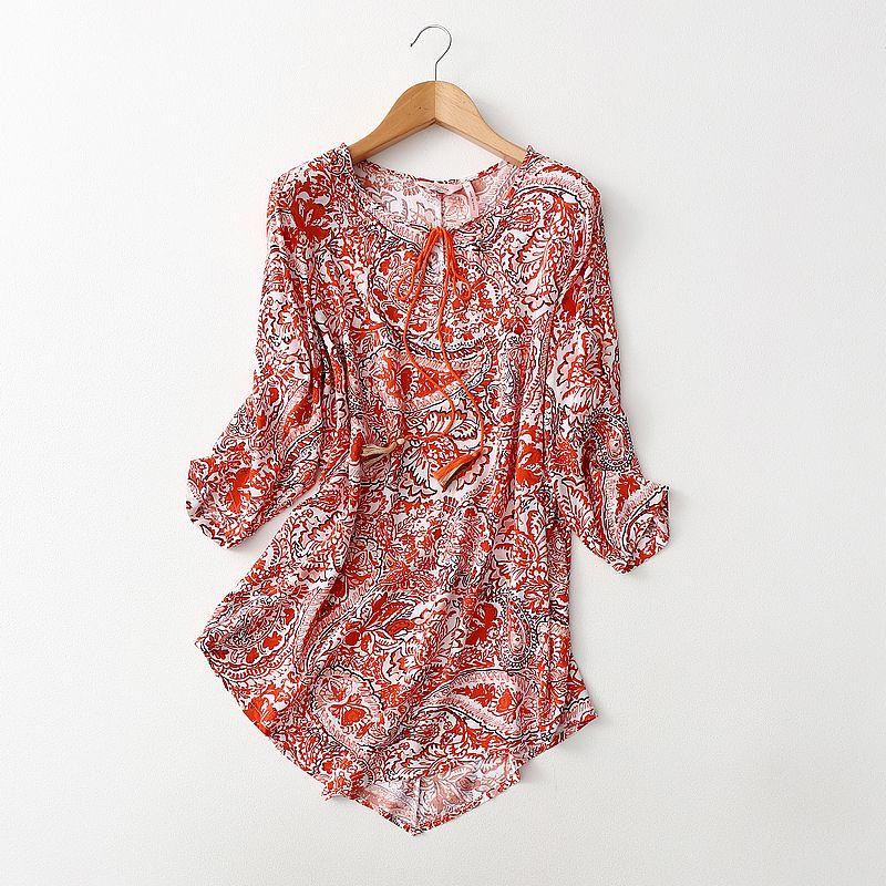 Export Export Tassel Lace-up Design Sense Ethnic Print Cotton Silk Shirt Thin Rayon Plus Size Women's Clothing