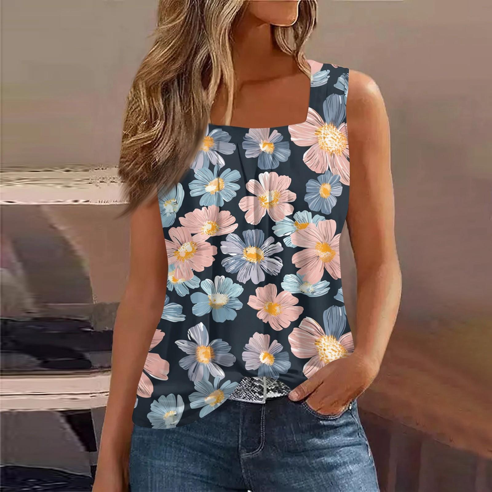 

Square Collar Tank Top Women Print Tank Tee Casual Loose Fit Sleeveless Shirt L