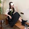 Black dress women's summer splicing fake two-piece high-end skirt French retro small black dress strap skirt long dress
