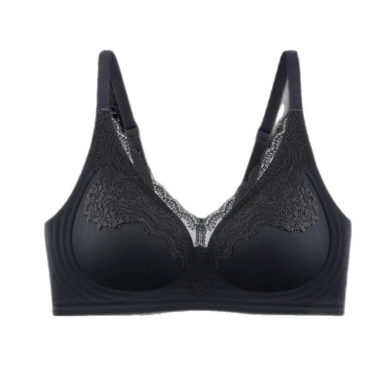 Light luxury deep V lace splicing nude jelly strip soft support close breast thin cup underwear women's seamless bra