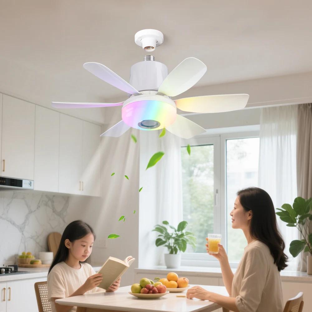 Socket Fan Light Smart Remote Control Dimmable Timing Ceiling Fan Lamp Wind Speed Adjustable Bedroom Living Room RGB Light Fan