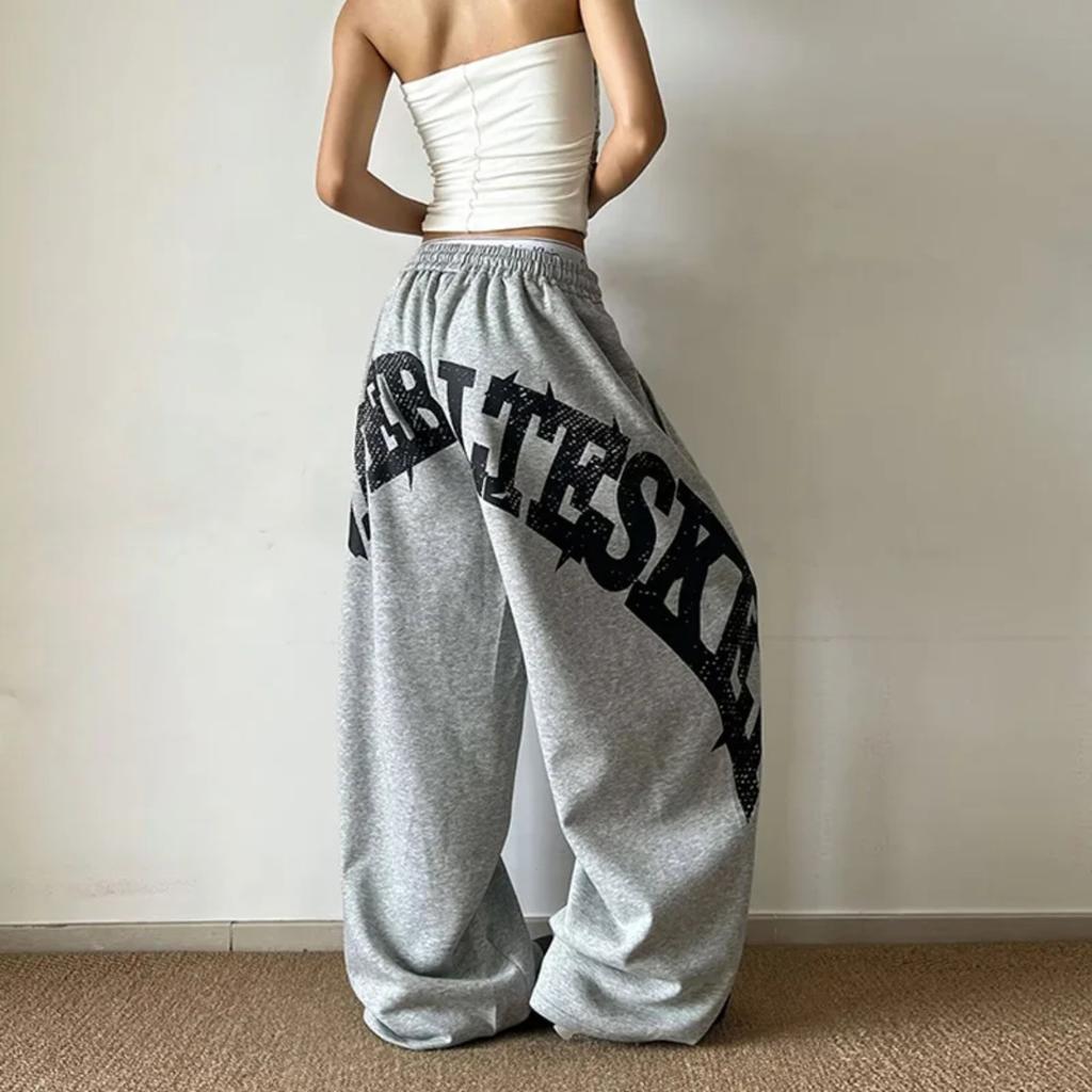 VIONA Y2K College American Hip-hop Goth Print Drawstring Wide Leg Sweatpants Loose 90s High Street Sports Trousers Floor Length Pants
