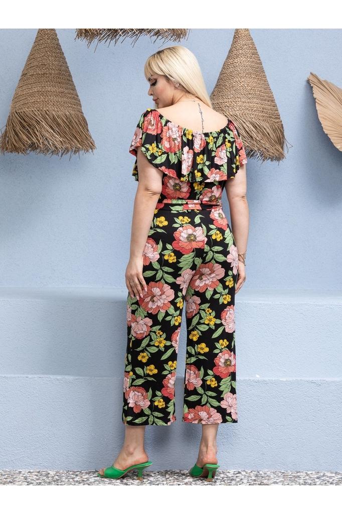 Women's Style Big Size Overalls Plus Size Gathered Madonna Collar Belted Flexible Viscose Jumpsuit