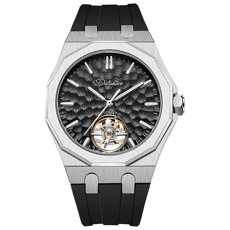 Luxury Octagon Automatic Watch for Men Textured Blue Dial Hollow Mechanical Wristwatch Steel Waterproof Tourbillon Mens Watch