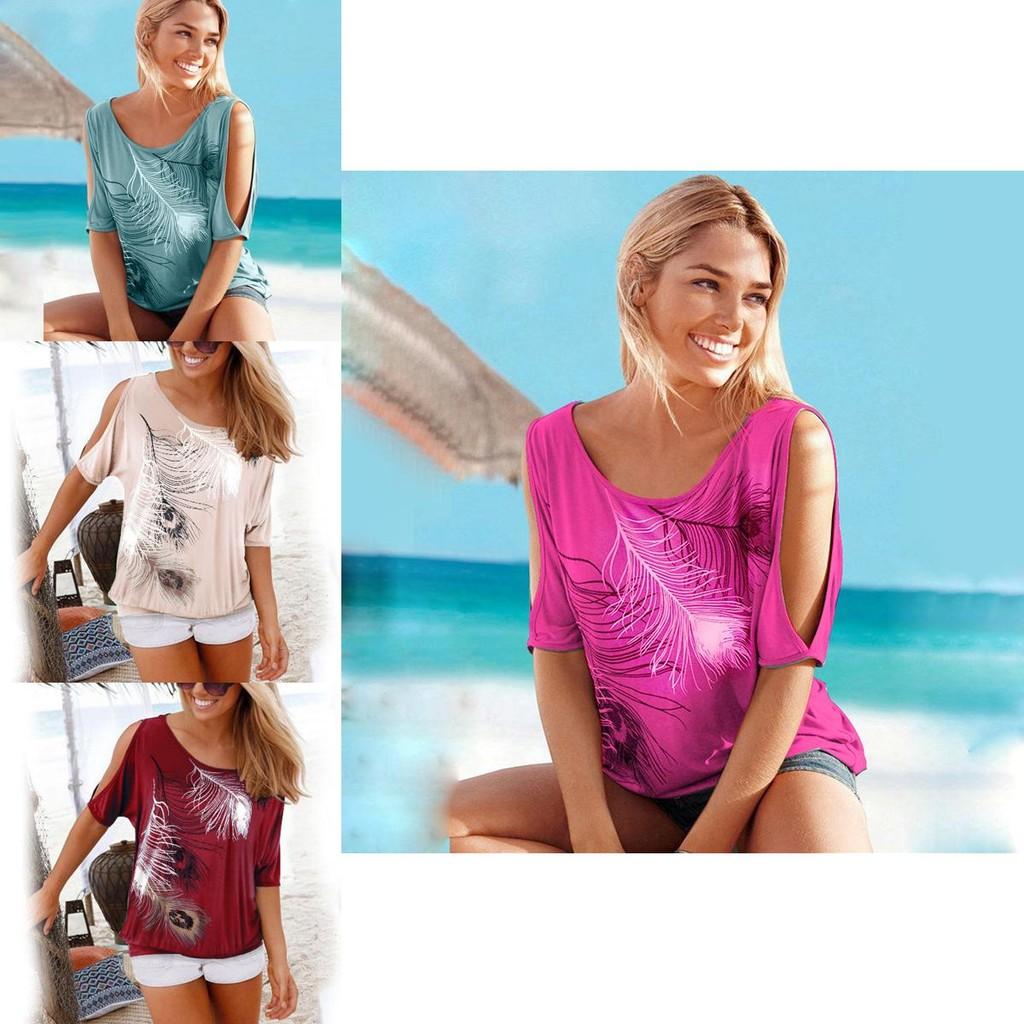 Summer Boho Women Cold Shoulder Feather Tshirt Blouse With Stylish Printing And Short Sleeve Design