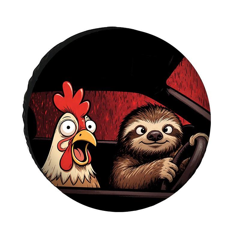 Sloth Driving Chicken Funny Cartoon Tire Cover Polyester Spare Wheel Protector Durable Cover