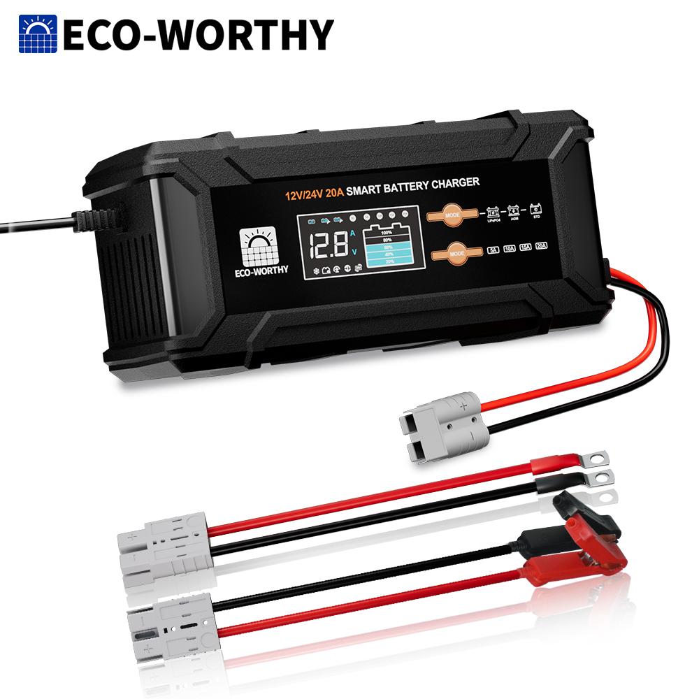 ECO-Worthy 12V/24V 20A Smart Battery Charger Maintainer, Auto Voltage Detect for LiFePO4 Lead-Acid with Multi-Current Options 5A чёрный