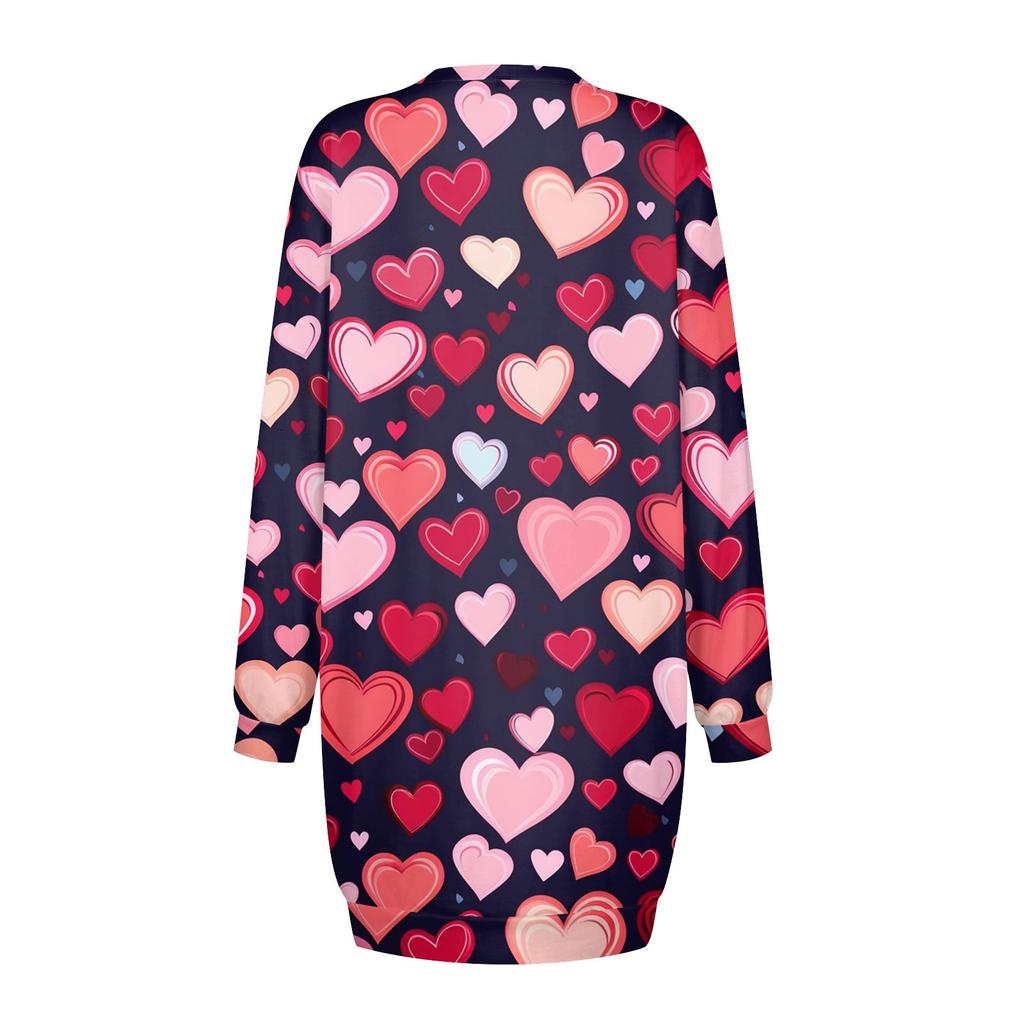 Women's Round Neck Valentine's Day Printed Long Sleeve Wrap Hip Dress Sweater Dresses