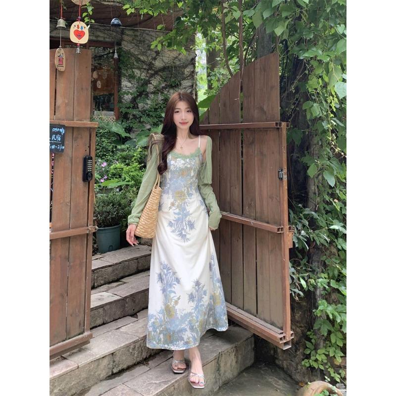 Vestido estilo Pure Desire com costura de renda estampado estilo sling vestido feminino verão novo estilo francês elegante elegante elegante slim look vestido longo moderno
