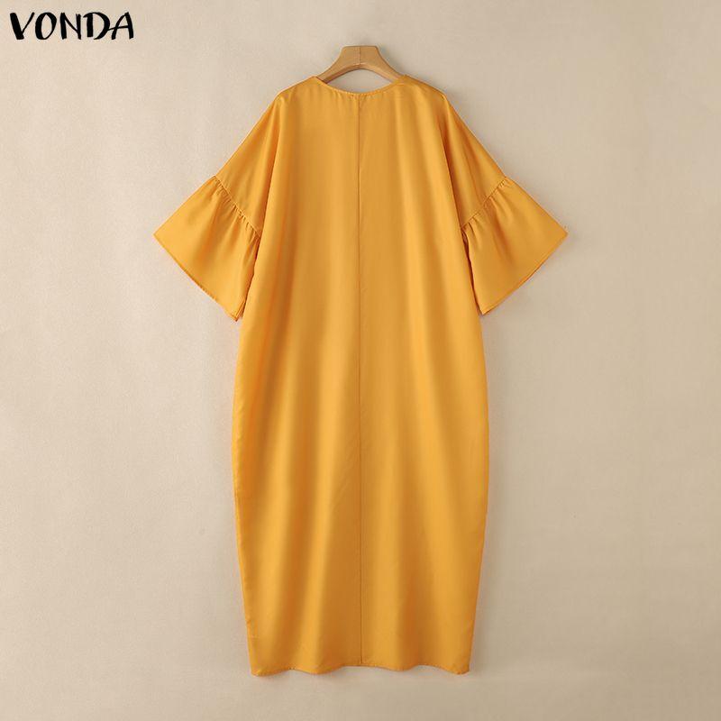 VONDA Women Ruffled 3/4 Sleeve Print Casual Long Baggy Maxi Robe Dress Nonelastic