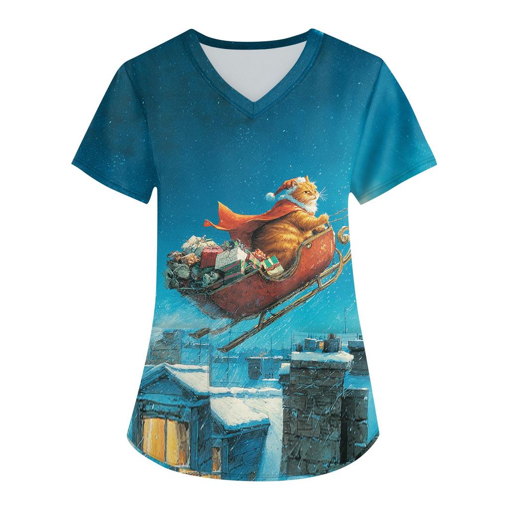 Women's Printing Uniform Work Uniform V-neck Pockets Basic Short Sleeve Pullover Top