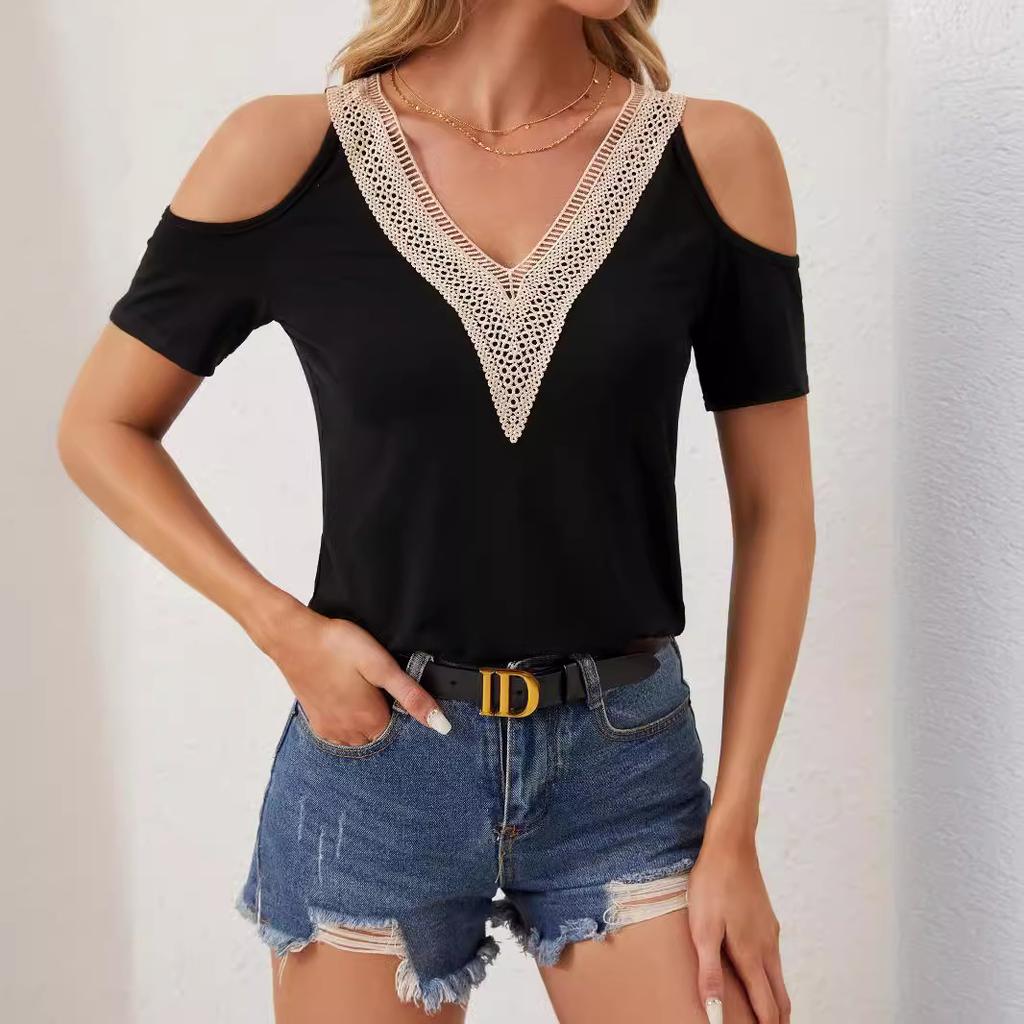 Women's Elegant Lace V-neck Applique Sleeve Hollow Short Sleeve Loose Solid Colour Slim T-shirt