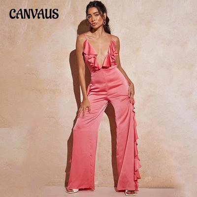 Damenmode Rückenfreier Weitbeiniger Senior-Feeling Tiefer V Rüschiger Seitlicher Hosenträger Jumpsuit