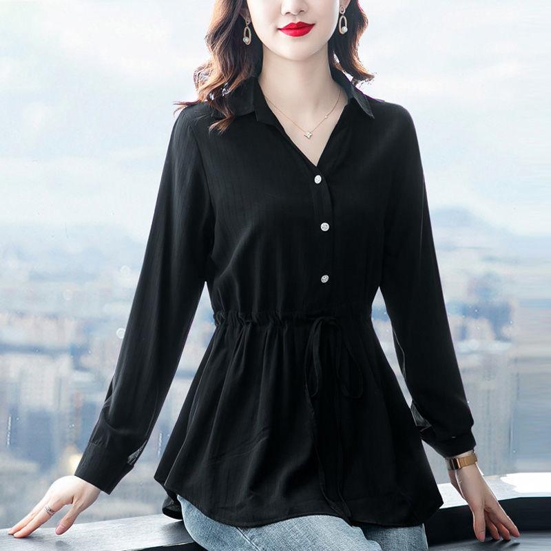 Dámská módní šifonová košile s dlouhým rukávem a stahováním v pase, velká velikost