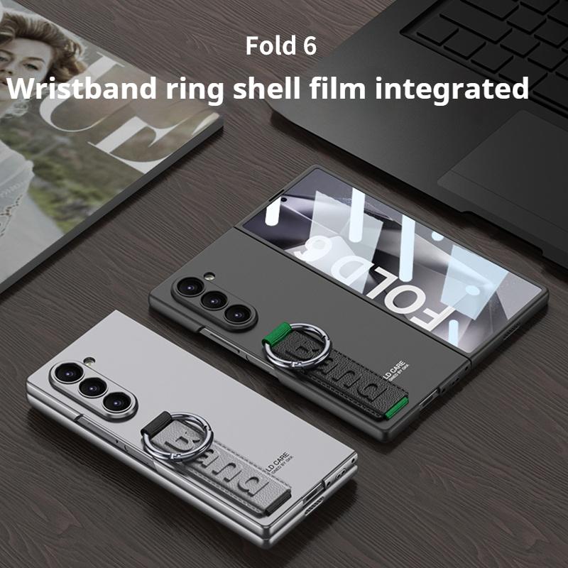 Frosted Hard PC Back Cover Case for Samsung Galaxy Z Fold 6 5 with Glass Screen Film Hand Strap Ring