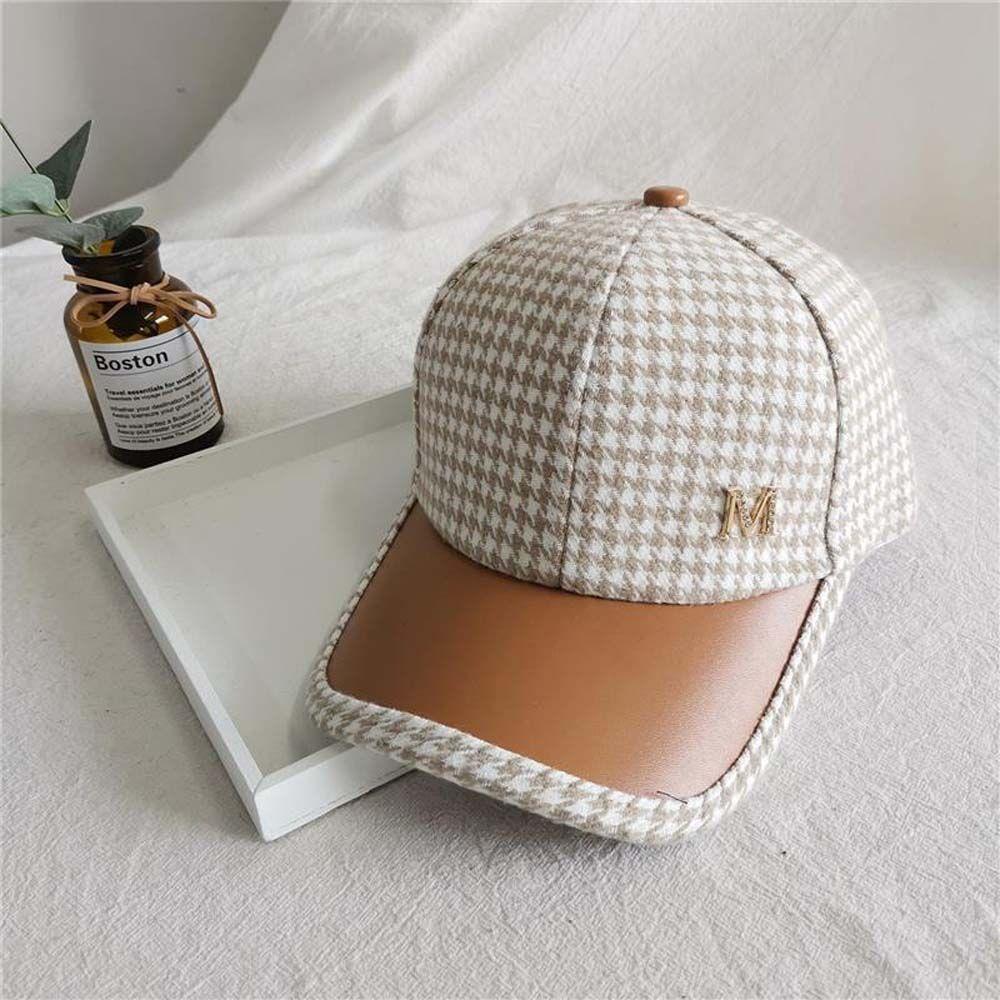 Adjustable Khaki Coffee Black Face Cap Houndstooth Baseball Cap Pu Leather Brim Korean Style Hat