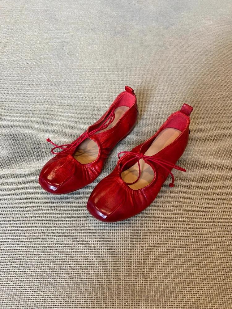 

Версия из овчины~ Новые балетки 2025 года с плиссированными ремешками, с круглым носком, с мелким вырезом, на плоской подошве, туфли Мэри Джейн, женская ретро-обувь 35 красный