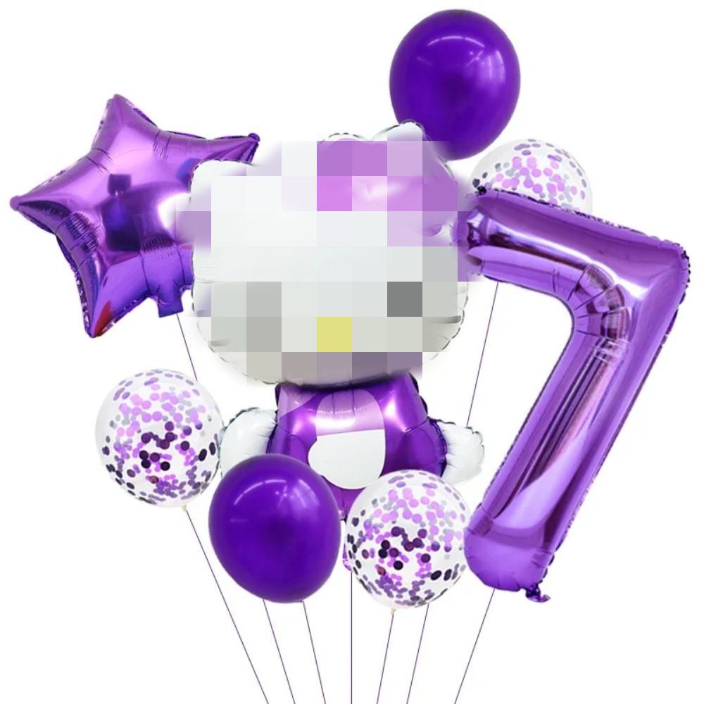 Cartoon Cat Pink Purple Rose Red Digital Bow Aluminum Film Balloon Baby Birthday Background Decoration Party