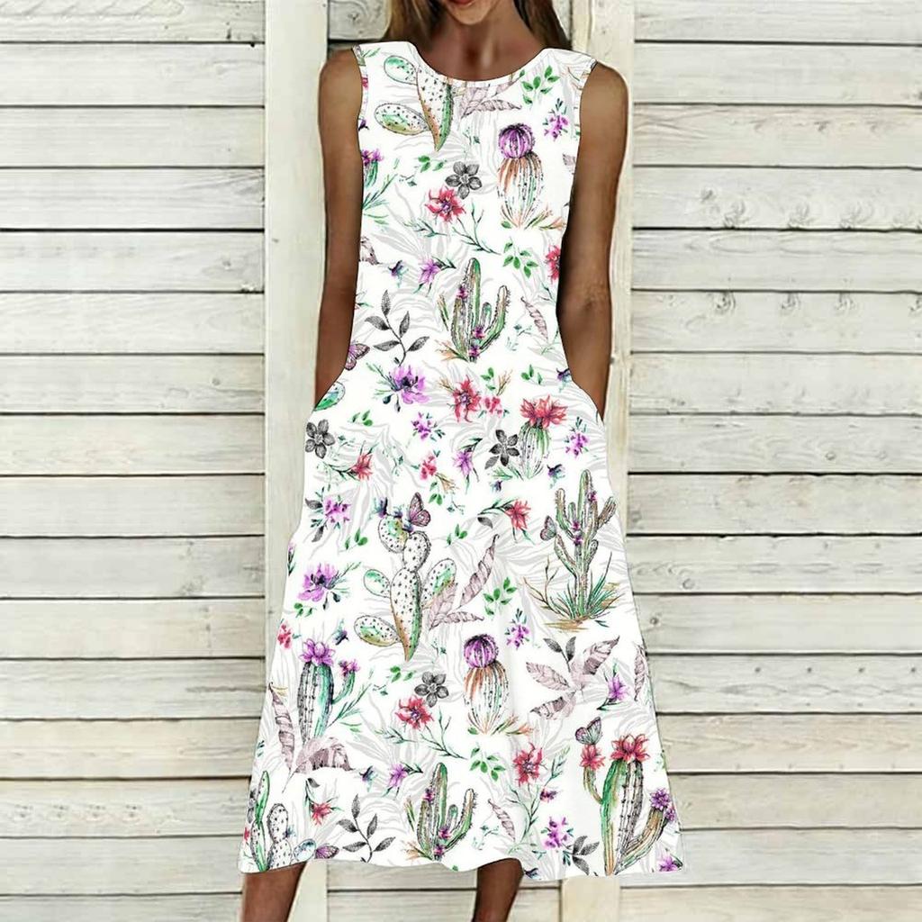 Women Plus Size Sleeveless Round Neck Dress Charming Floral Pattern Loose Mid Calf Gown