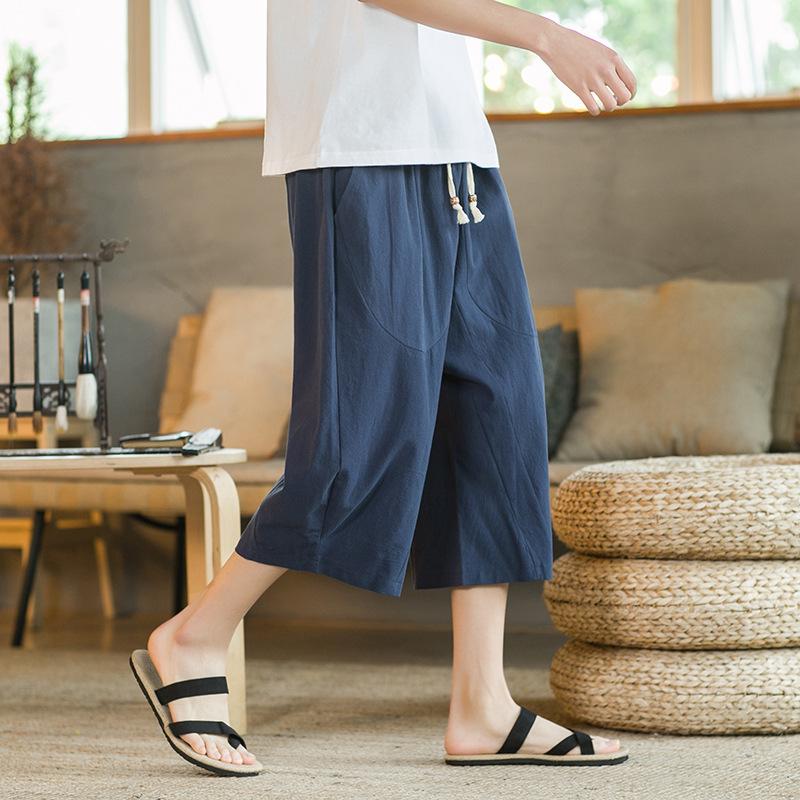 Loose Cotton Linen Men's 7/8 Pants Summer Casual Wide Leg Orts Breathable Comfortable Loose Fit M Model Beach Sle