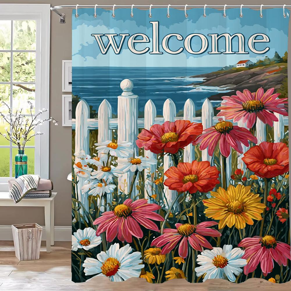

1Pc Colorful Flowers Scenery Print Shower Curtain Partition Privacy Hanging Bathroom Curtain With 12 Hooks Machine Washable W60H190(CM)-1 Pcs