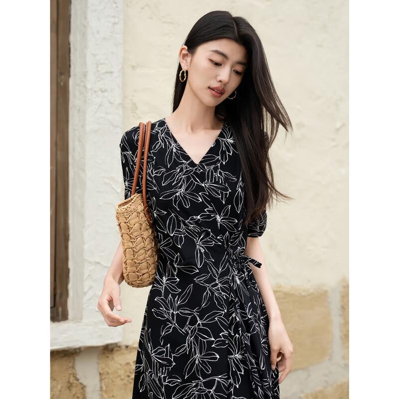 JUZI Annakou Acetate Series Elegant Floral Print V-Neck Dress