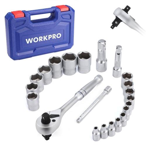 WORKPRO 22-Piece Socket Wrench Set, Garage Tool Set with Ratchet Wrench, 12.7mm, 9.5mm, and 6.35mm Drives, 3-in-1 Ratchet Wrench Handle, Motorcycle an