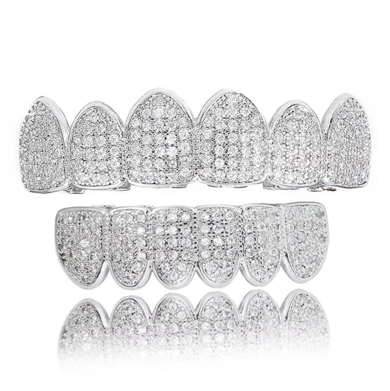 Hip Hop Iced Out Gold Teeth Grillz Set Zircon Jewelry Top Botom Grills Mens Body Bling Cubic Zirconia Jewelry