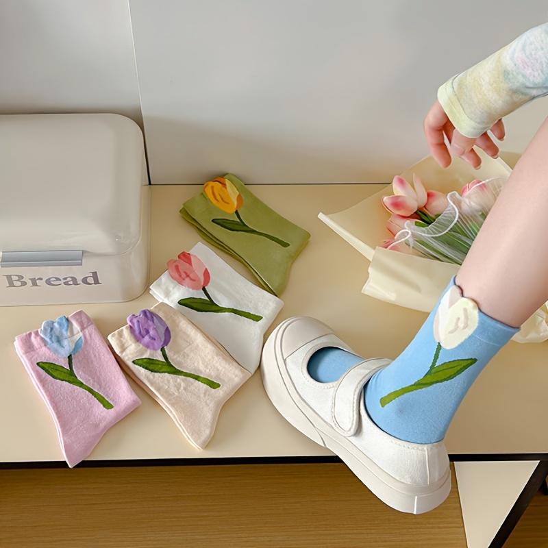 5 Paires de Chaussettes pour Femmes Chaussettes Sans Couture Chaussettes à Motif Tulipes Tridimensionnelles pour Femmes Fleurs Végétales Chaussettes en Coton Peigné pour Femmes Bas Doux Quatre Saisons