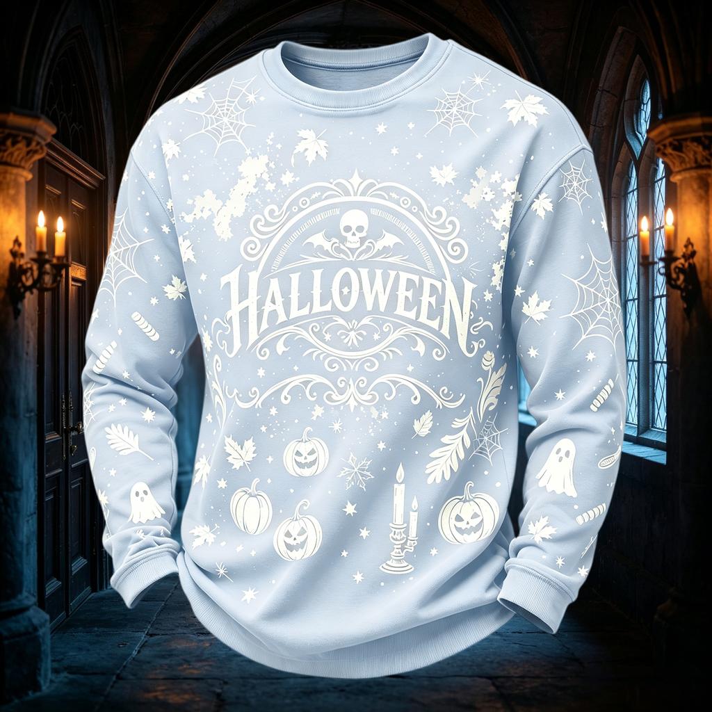 Men's Casual Round Neck Long Sleeve Top with Halloween Print
