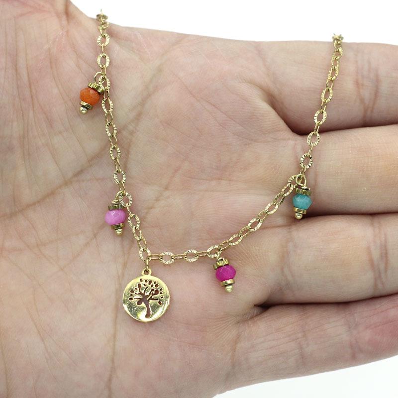 Gold-Plated Stainless Steel Women s Bracelet with Classic Tree of Life Pendant and Colorful Stones