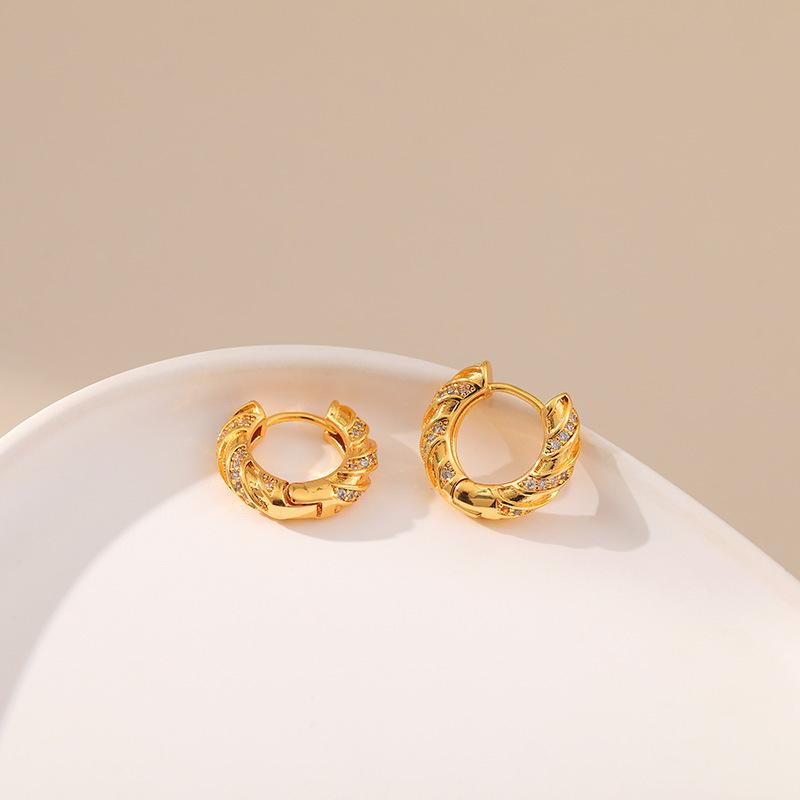K Real Gold Plated Zircon Inlaid Chic Business Women Ear Hoop Earrings