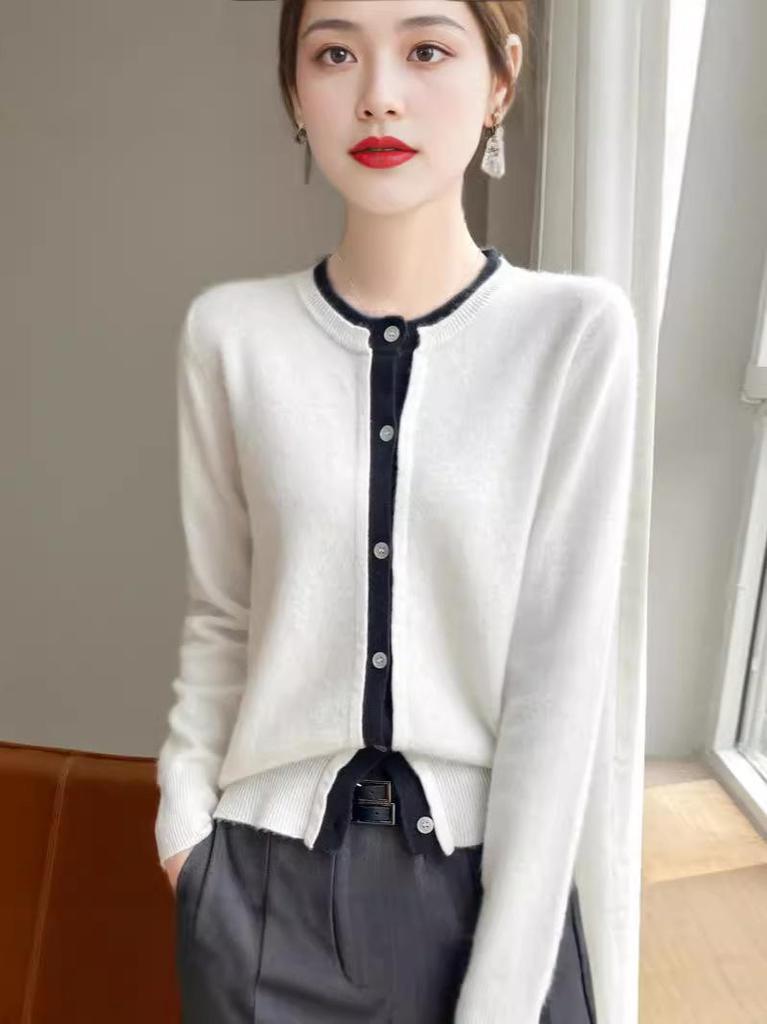 100% Pure Wool Color Block Round Neck Sweater - Women's Autumn/Winter Knit Cardigan, Solid Color, Fake Two-Piece Style.