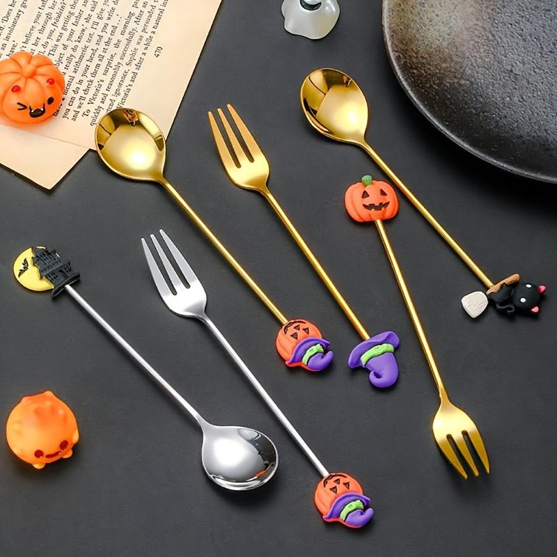 Halloween Cartoon Edelstahl Besteckset Löffel und Gabel Set mit dekorativen Griffen Kürbis & Geist Designs für den Heimgebrauch