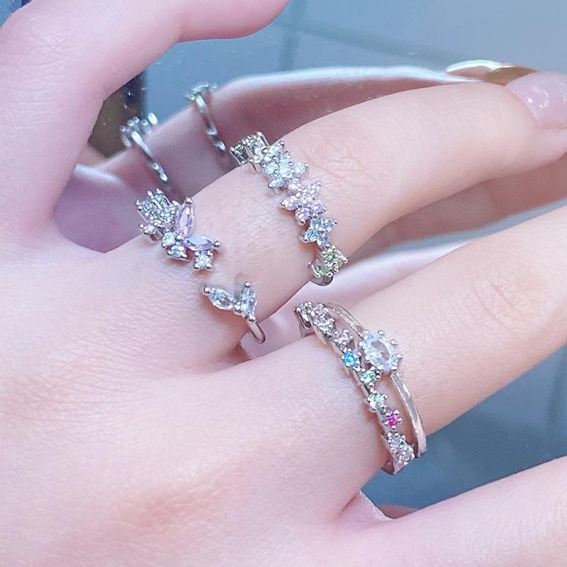 Dopamine Colored Treasure Zircon Row Diamond Super Fairy Opening Ring Light Luxury High Sense Student Party Index Finger Ring Niche Ring