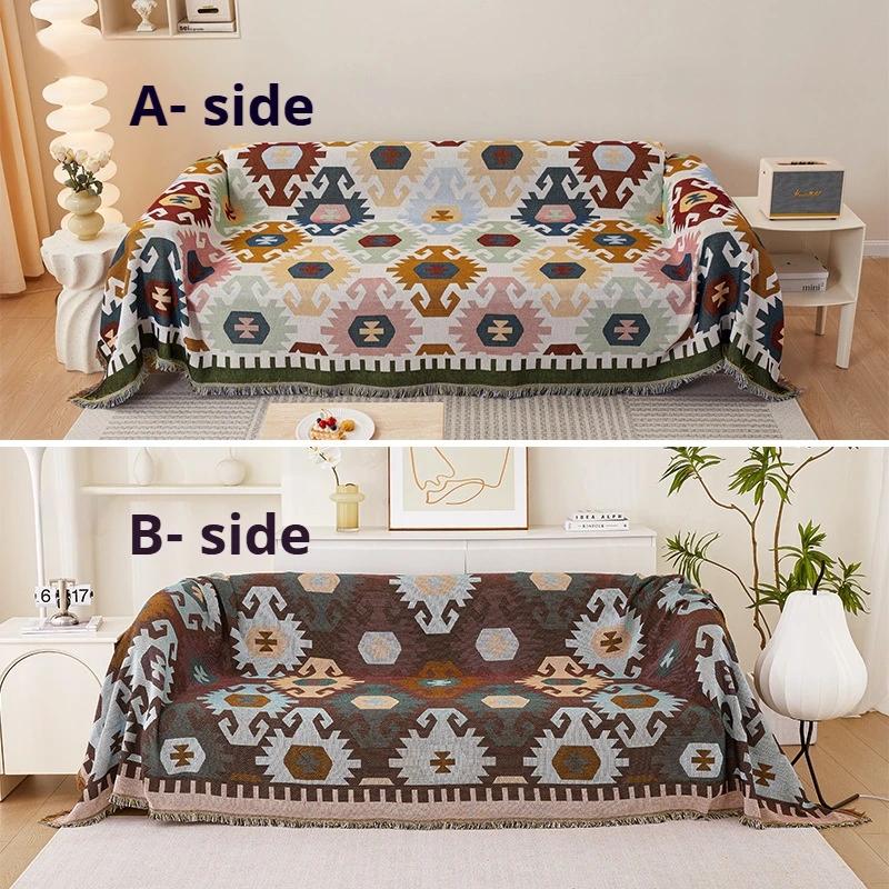 1Pc New Modern Style Linen-cotton Double Face Usable Sofa Blanket with Tassels Decor Multi-purpose for Living Room,Bedroom Sofa