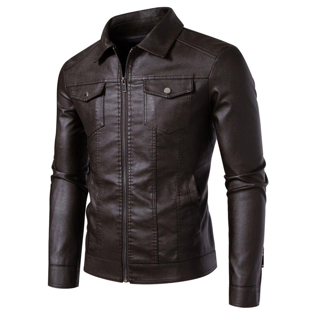 Men's Lapel Leather Jacket Autumn Oversized Slim Motorcycle Riding Suit PU Leather Waterproof Work Clothes
