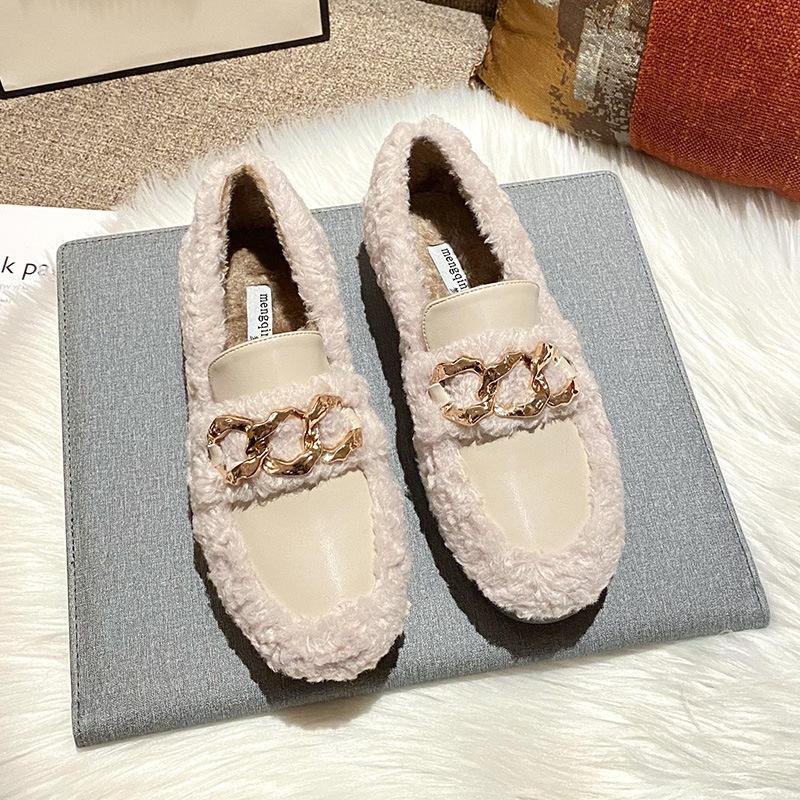 

Мода 2025 Зимние лоферы из овечьей шерсти Женские туфли с цепочкой Traf, лоскутные балетки из овчины и кожи, мокасины из овчины для женщин, обувь для босой ноги 4.5 абрикосовый