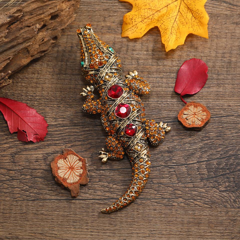 Vintage Multicolor Crocodile Animal Men Pendant Brooch Rhinestone Crystal Animal Badges Pins