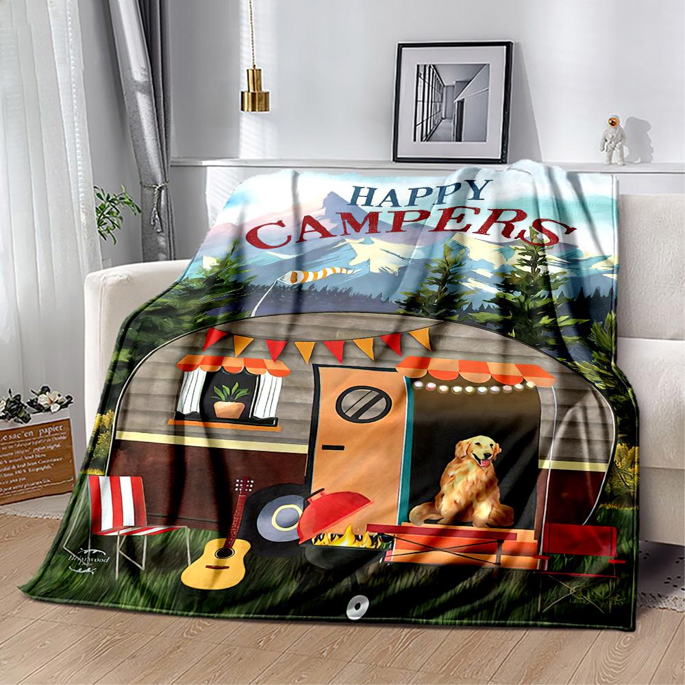 Happy Camper Adventure Blankets Are Suitable for Living Rooms,making Them an Ideal Choice for Outdoor Travel and Gifts.