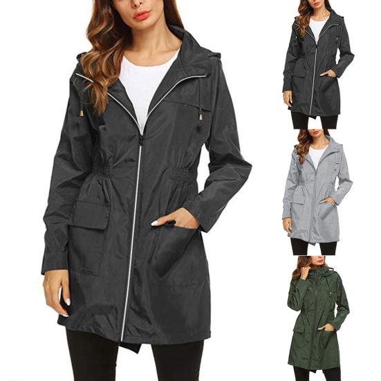 Outdoor Windproof Waterproof Lightweight Hooded Women Long Rain Coat Jacket